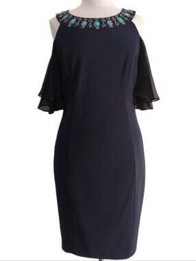 Melrose SocialNavy Cold-Shoulder Sheath Dress with Beaded Neckline